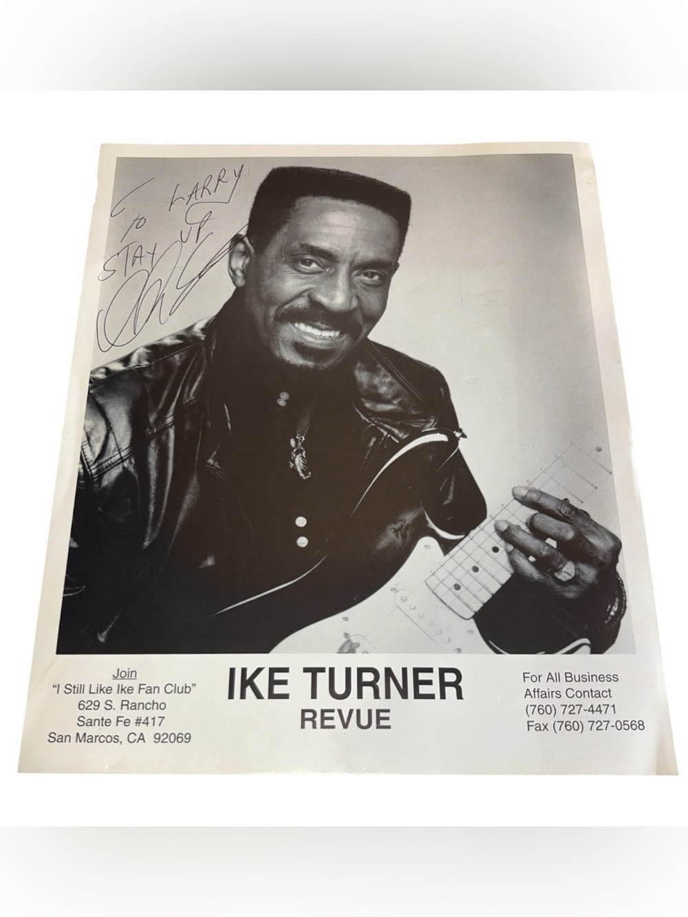 Ike Turner Signed Vintage 8x10 B&W Revue Promo Photo Autograph To Larry
